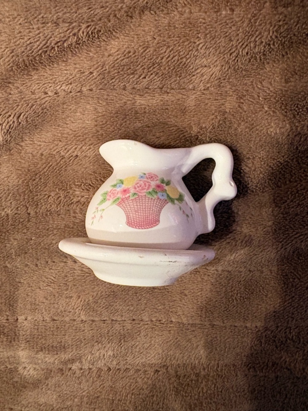 Mini Ceramic Pitcher and Saucer with Pink Basket Floral Decal
